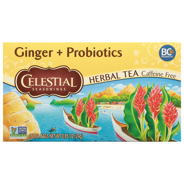 Tea Celestial Seasonings Herbal Tea, Ginger + Probiotics, Caffeine Free, Tea Bags hero