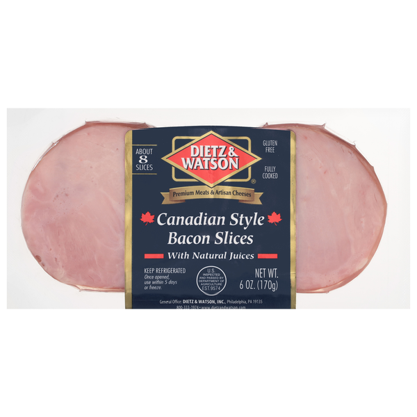 Hot Dogs, Bacon & Sausage Dietz & Watson Bacon Slices, with Natural Juices, Canadian Style hero