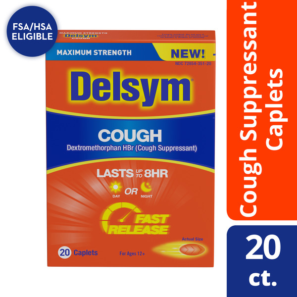 Cold, Flu & Allergy Delsym® Cough Suppressant, Maximum Strength, Day or Night, Caplets hero