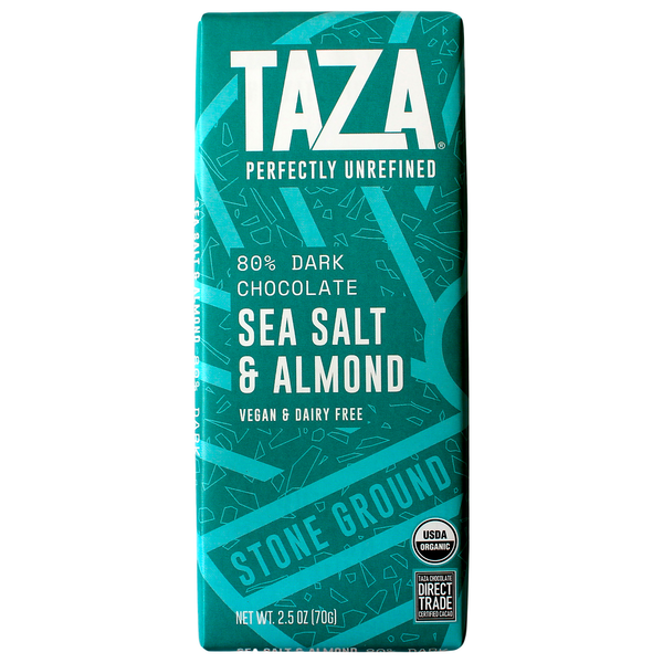 Candy & Chocolate Taza Dark Chocolate, Organic, Sea Salt & Almond, 80% Dark hero