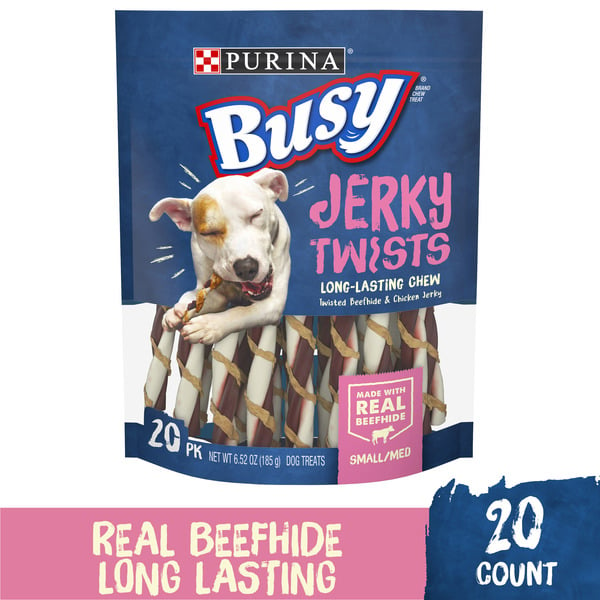 Water, Seltzer, Sparkling Water Purina Busy Grain Free Small/Medium Breed Dog Jerky Rawhide Treats, Jerky Twists Beefhide & Chicken hero