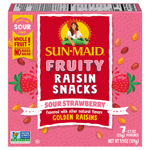 Nuts, Seeds & Dried Fruit Sun-Maid Fruity Raisin Snacks Sour Strawberry Pouches hero