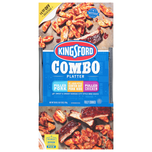 Frozen Meals Kingsford Combo Platter, Pulled Pork/St. Louis Style Center Cut Pork Ribs/Pulled Chicken hero