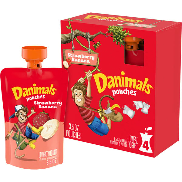 Yogurt Danimals Lowfat Yogurt Pouches Swinging Strawberry Banana hero