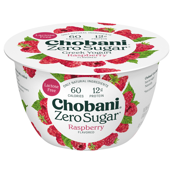 Chobani Yogurt, Greek, Nonfat, Zero Sugar, Raspberry Flavored hero