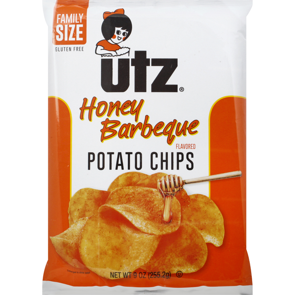 Chips & Pretzels Utz Potato Chips, Honey Barbeque Flavored, Family Size, Pre-Priced $4.29 hero