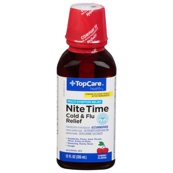 Cold, Flu & Allergy TopCare Cold & Flu Relief, Nite Time, Multi-Symptom Relief, Cherry Flavor hero