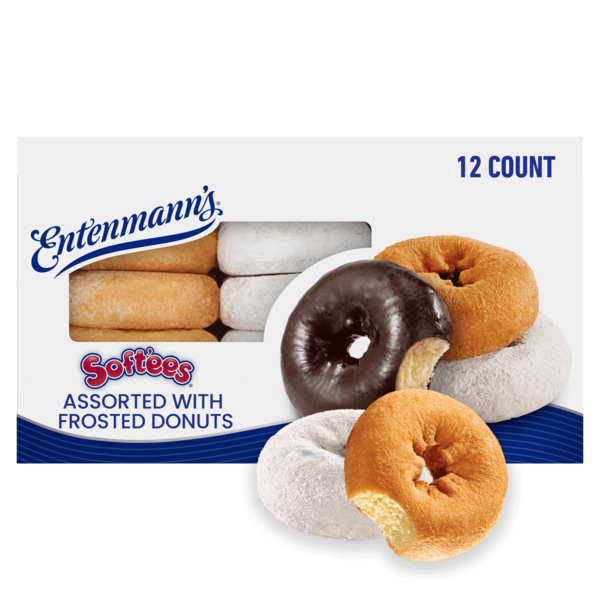 Breakfast Bars & Pastries Entenmann's Soft'ees, 12 count, Plain, Powdered Sugar, Chocolate Frosted Donuts hero