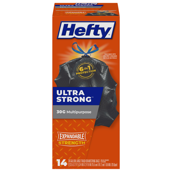 Trash Bags & Liners Hefty Trash Bags, Multipurpose, Drawstring, Large, 30 Gallon hero