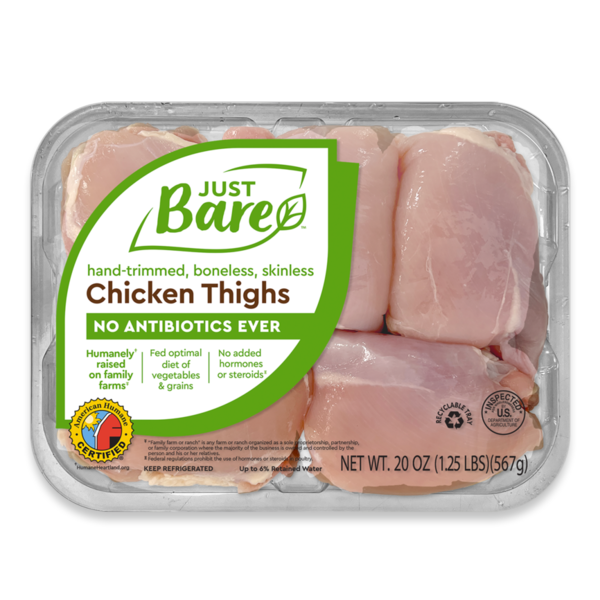 Packaged Poultry Just Bare Boneless Skinless Chicken Thighs hero