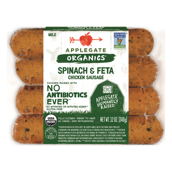 Hot Dogs, Bacon & Sausage Applegate Organics Organic Spinach & Feta Dinner Sausage hero