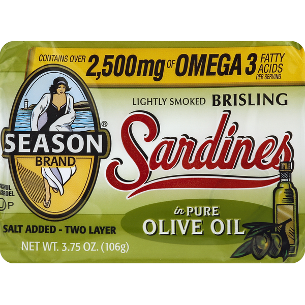 Kosher Foods Season Brand Sardines, Brisling, Lightly Smoked, in Pure Olive Oil hero