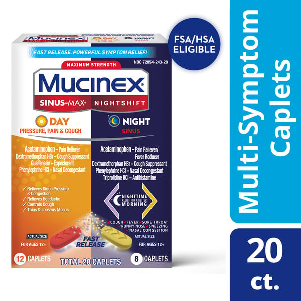 Muscles, Joints & Pain Relief Mucinex Max Strength Sinus-Max (Day) Pressure, Pain & Cough & Nightshift (Night) Sinus hero