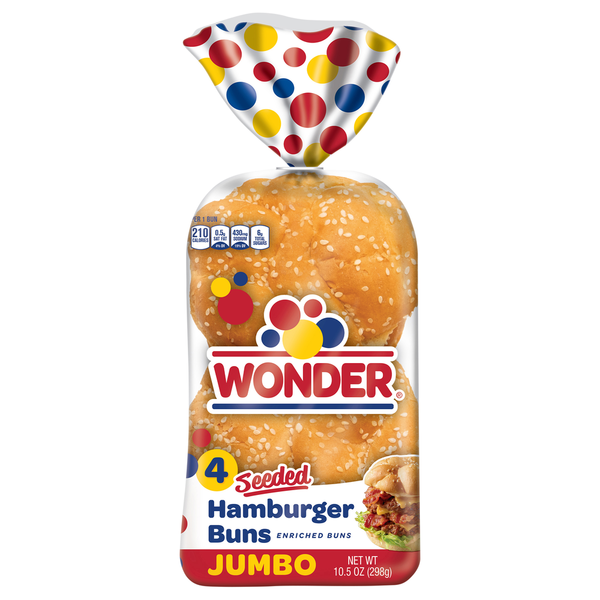 Buns & Rolls Wonder Bread Hamburger Buns, Enriched, Seeded, Jumbo hero