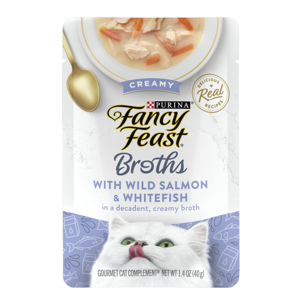 Cat Food Purina Fancy Feast Lickable Wet Cat Food Broth Topper, Creamy Wild Salmon and Whitefish hero