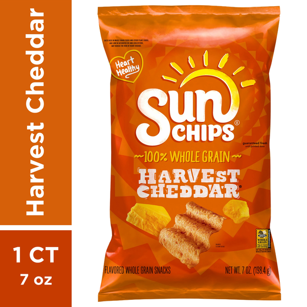 Potato Chips,Tortilla & Pretzels Sun Chips Flavored Whole Grain Snacks, Harvest Cheddar hero