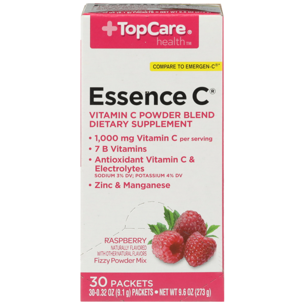 TopCare Essence C, Vitamin C 1,000 Mg Dietary Supplement Fizzy Powder Mix Blend Packets, Raspberry hero