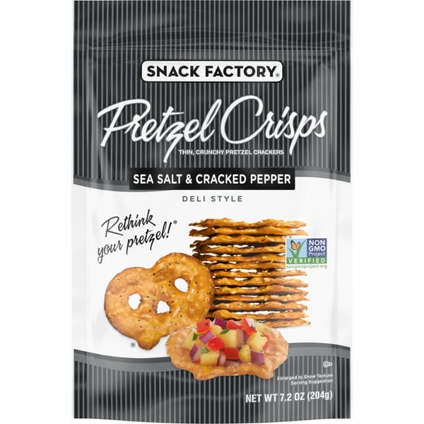 Crackers Snack Factory Sea Salt & Cracked Pepper Pretzel Crisps hero