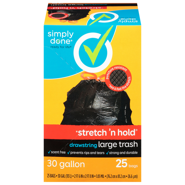 More Household Simply Done Trash Bags, Drawstring, Large, 30 Gallon hero