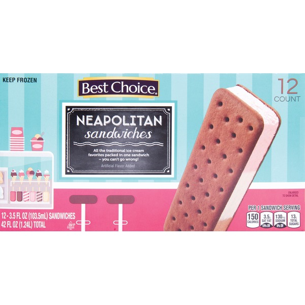 Chips & Pretzels Best Choice Neapolitan Rich Chocolate Flavored Wafers Filled With Strawberry, Vanilla Flavored And Chocolate Ice Creams Sandwiches hero