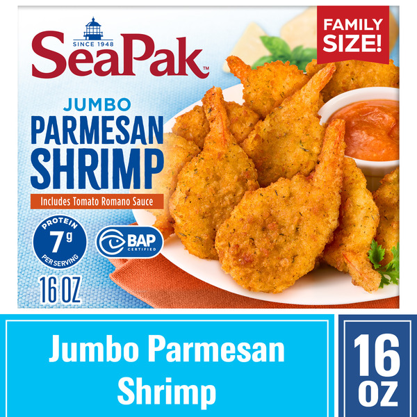 SeaPak Parmesan Encrusted Jumbo Butterfly Shrimp with Sauce, Frozen hero