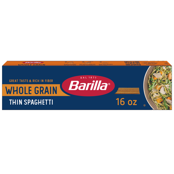 Barilla Whole Grain Thin Spaghetti Pasta - Non-GMO Pasta, 100% Whole Grain Durum Wheat hero