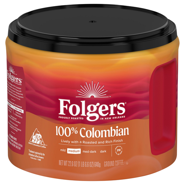 Coffee Grounds and Whole Beans Folgers Coffee, Ground, 100% Colombian, Medium hero