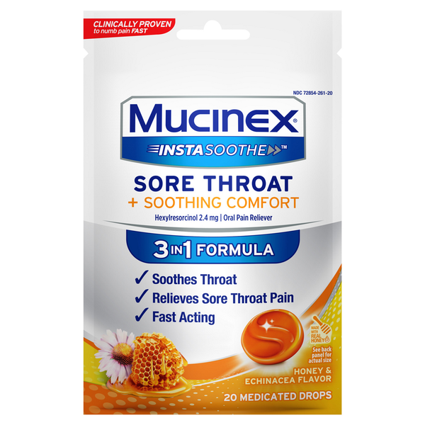 Cold, Flu & Allergy Mucinex Sore Throat, Soothing Comfort, Honey & Echinacea Flavor hero