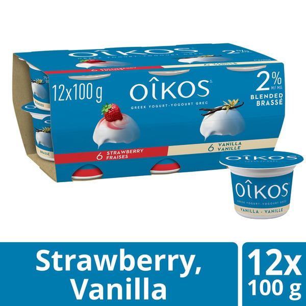 Yogurt Oikos Greek Yogurt, 6 Strawberry, 6 Vanilla, Blended, 2% M.F. hero