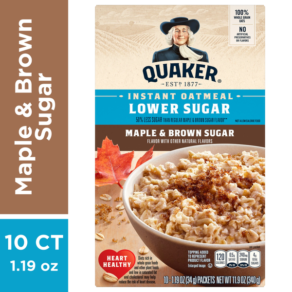 Hot Cereal & Pancake Mixes Quaker Instant Oatmeal, Lower Sugar, Maple & Brown Sugar hero