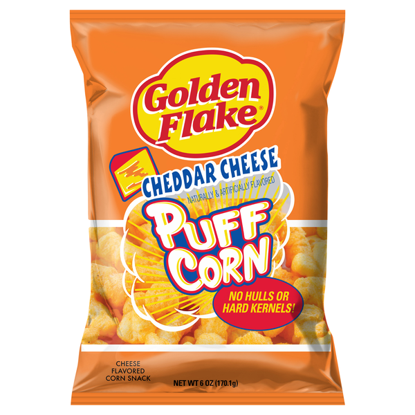 Chips & Pretzels Golden Flake Corn Snack, Cheddar Cheese, Puff Corn hero