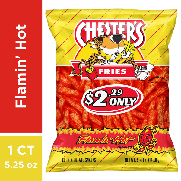 Chips & Pretzels Chester's Flamin' Hot Flavored Corn and Potato Snacks hero