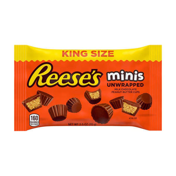 Candy & Chocolate Reese's Minis Milk Chocolate Unwrapped King Size Peanut Butter Cups, Candy Bag, 2.5 oz hero