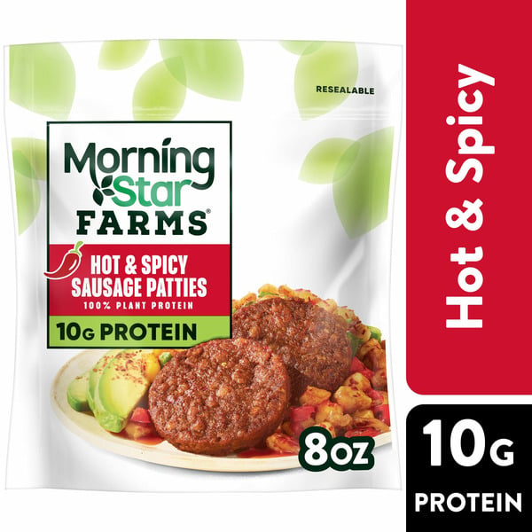 Hot Dogs, Bacon & Sausage MorningStar Farms Veggie Breakfast Sausage Patties, Vegan Plant Based Protein, Frozen Breakfast Side, Hot and Spicy hero