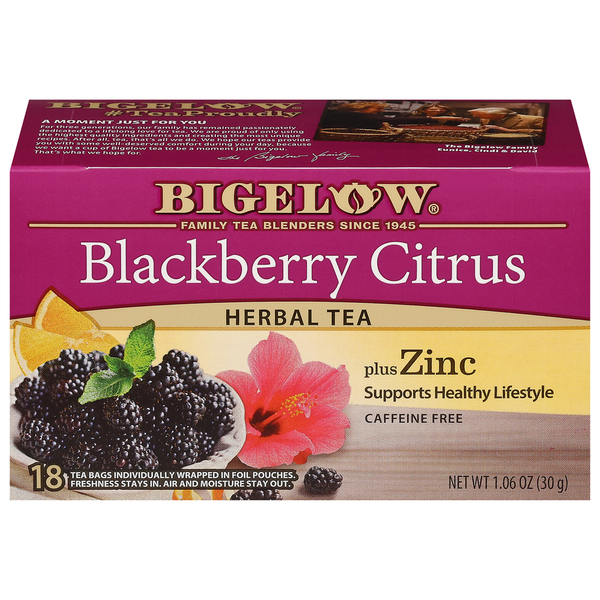 Bigelow Herbal Tea, Caffein Free, Plus Zinc, Blackberry Citrus, Tea Bags hero