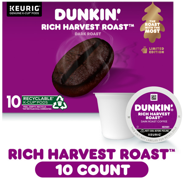 Coffee Dunkin' Dark Roast Rich Harvest Roast 100% Premium Arabica Coffee K-cup Pods hero