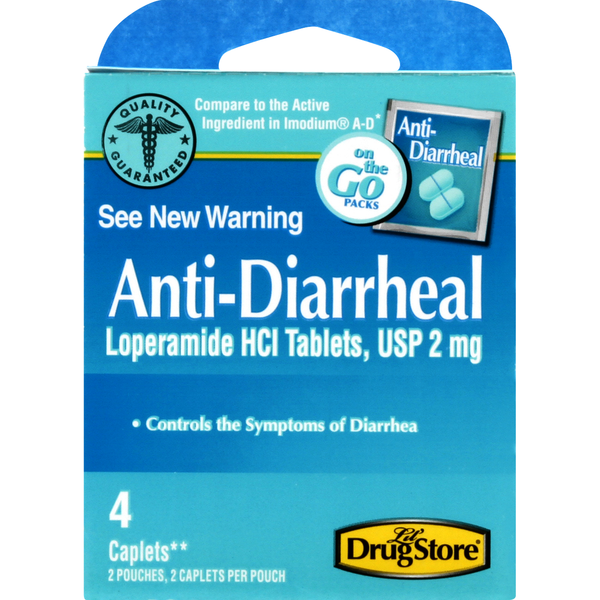 First Aid Lil Drug Store Anti-Diarrheal, 2 mg, Caplets, On The Go Packs hero