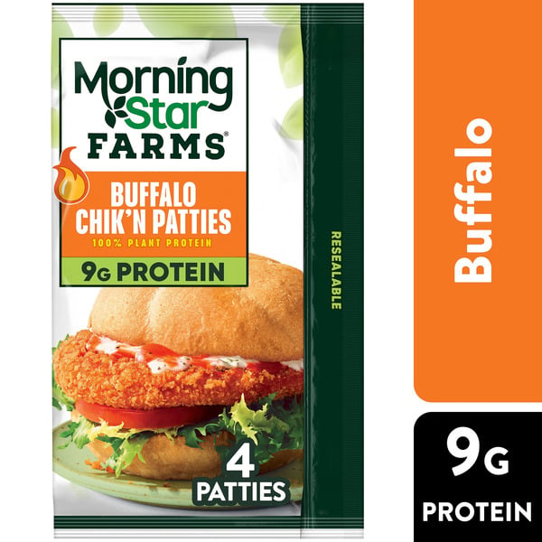 Frozen Meat & Seafood Morning Star Farms Plant Based Chik'n Patties, Vegan Meat, Frozen Meal, Buffalo hero