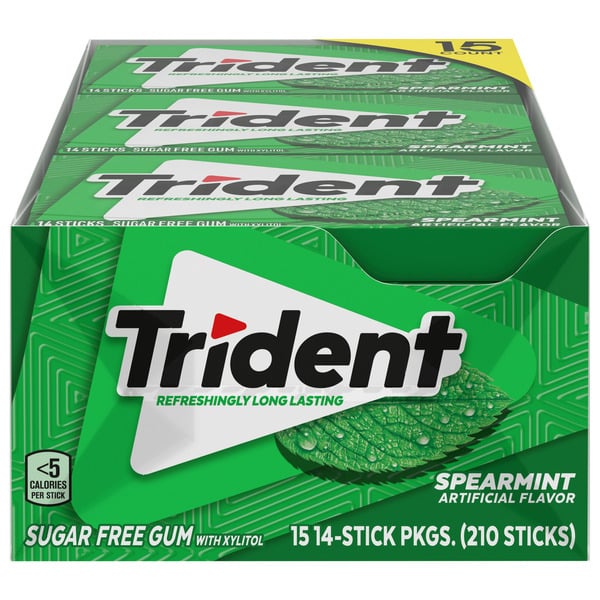 Mint & Gum Trident Spearmint Sugar Free Gum, 15 Packs Of 14 Pieces (210 Total Pieces) hero