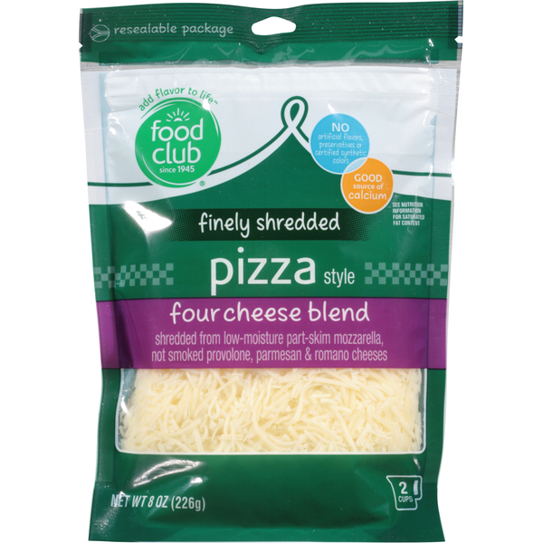 Packaged Cheese Food Club Finely Shredded Cheese, Four Cheese Blend, Pizza Style hero