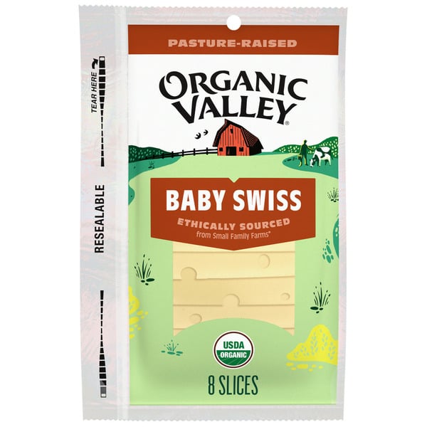 Cheese Organic Valley Alpine Style Organic Baby Swiss Cheese Slices hero