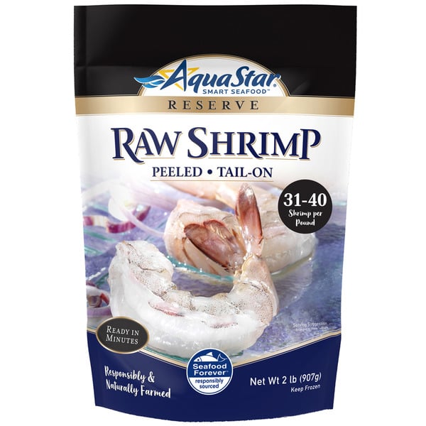 Frozen Meat & Seafood Aqua Star Raw Peeled Tail-On Shrimp 31-40 hero