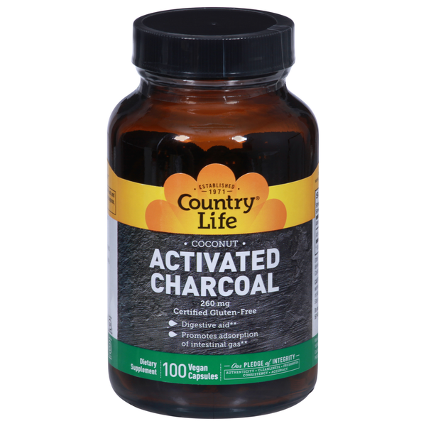 Digestion Country Life Activated Charcoal, Coconut, 260 mg, Vegan Capsules hero