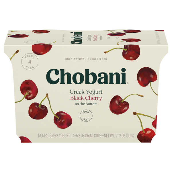 Yogurt Chobani Yogurt, Greek, Nonfat, Black Cherry on the Bottom, Value 4 Pack hero