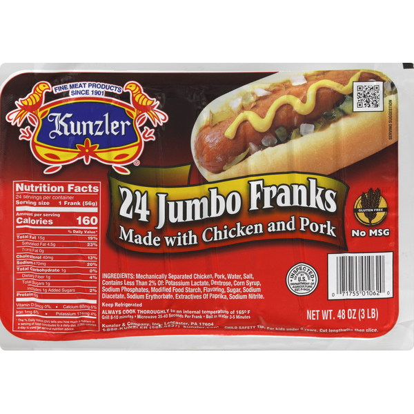 Prepared Meals Kunzler Franks, Jumbo hero