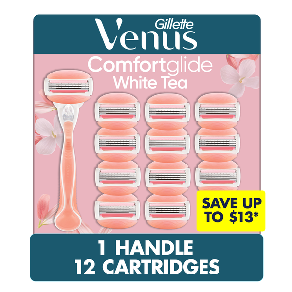 Shave Needs Gillette Venus ComfortGlide White Tea Women's Razor Handle + 12 Blade Refills hero