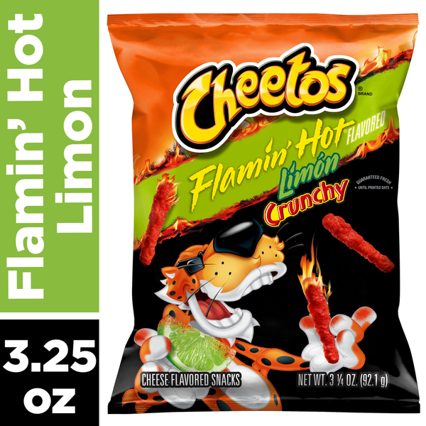 Chips & Pretzels Cheetos Crunchy Cheese Flavored Snacks Flamin' Hot Limon Flavored hero