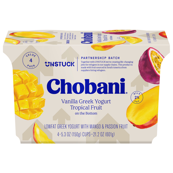 Yogurt Chobani Yogurt, Low-Fat, Vanilla Greek, Tropical Fruit on the Bottom, 4 Value Pack hero