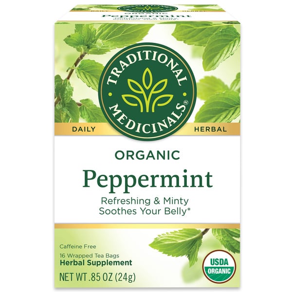 Tea Bags and Mixes Traditional Medicinals Organic Peppermint Caffeine Free Herbal Teas hero