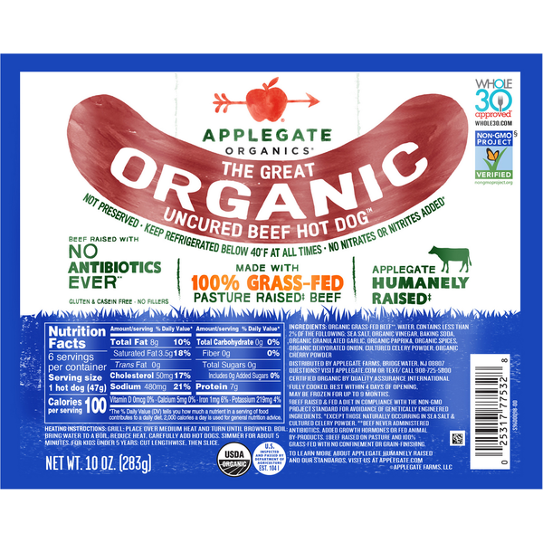 Deli Meat & Cheese Applegate Organics Great Organic Beef Hot Dog Uncured hero